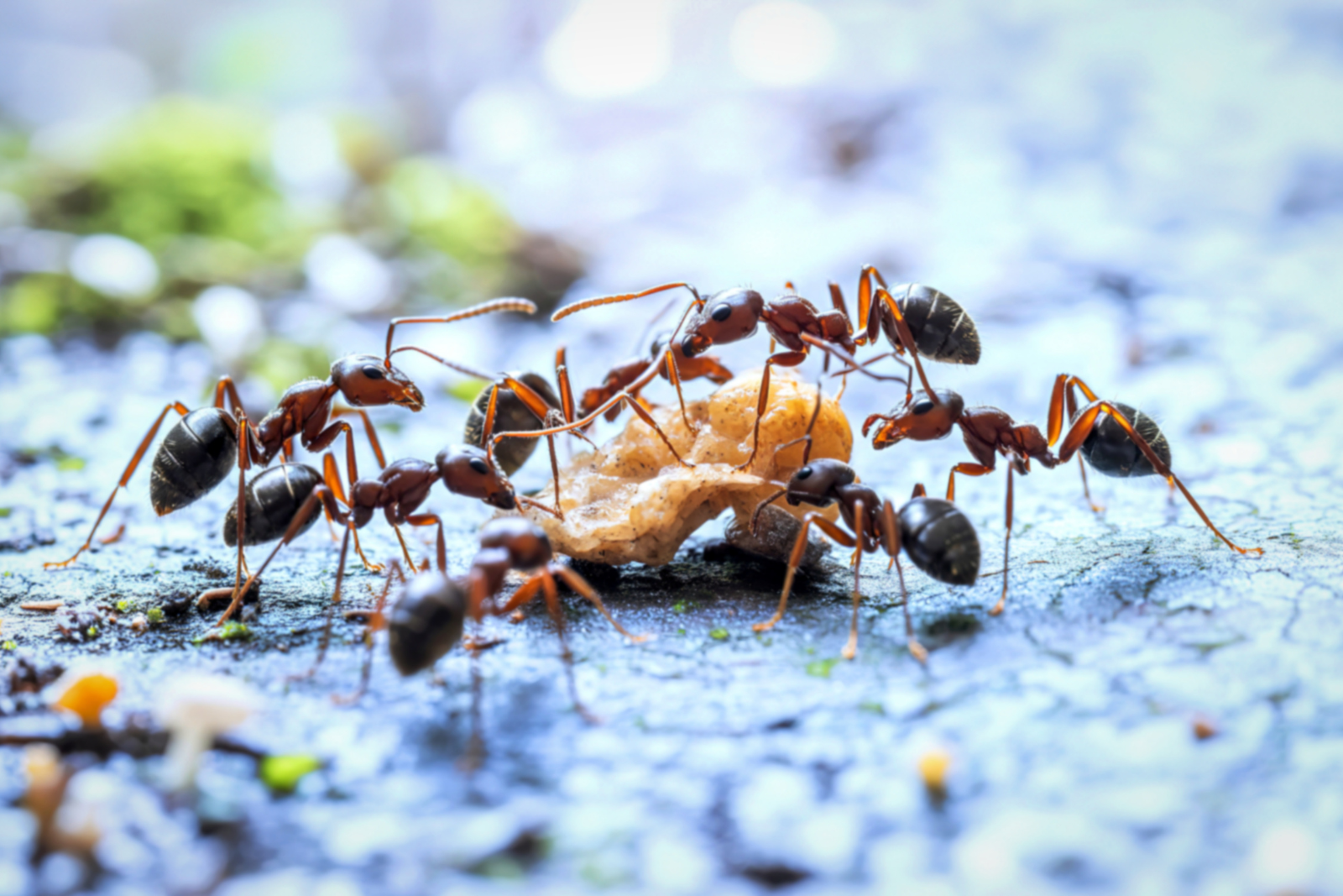 Group of ants working to carry food